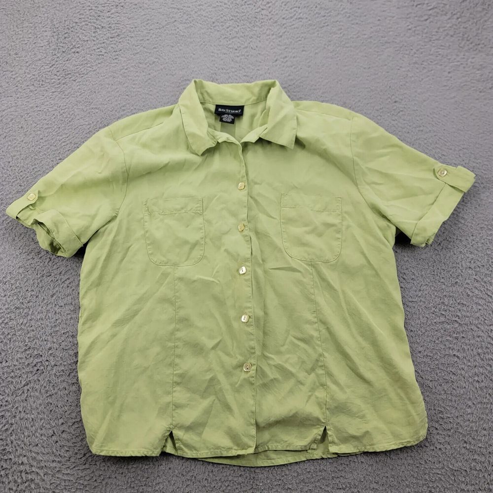Bay Studio Shirt Womens XL Green Silk Shoulder Pads Button Up Classic Pockets
